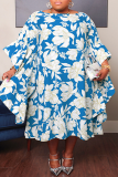 Blaues, lässiges, süßes Street-Blumen-Patchwork-O-Ausschnitt-unregelmäßiges Kleid in Übergröße