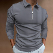 Grey Men's Waffle Solid Color Collar Patchwork Long Sleeve Zipper Shirt