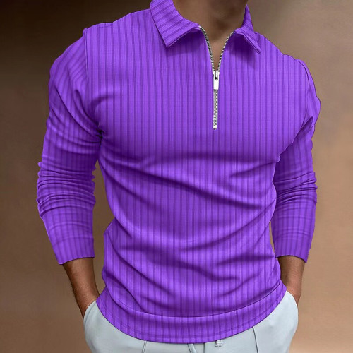 Chemise à fermeture éclair à manches longues en patchwork de col de couleur unie gaufré pour hommes violet