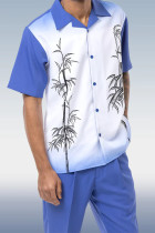 Blue Montique Blue Tropical Print Walking Suit 2 Piece Short Sleeve Set