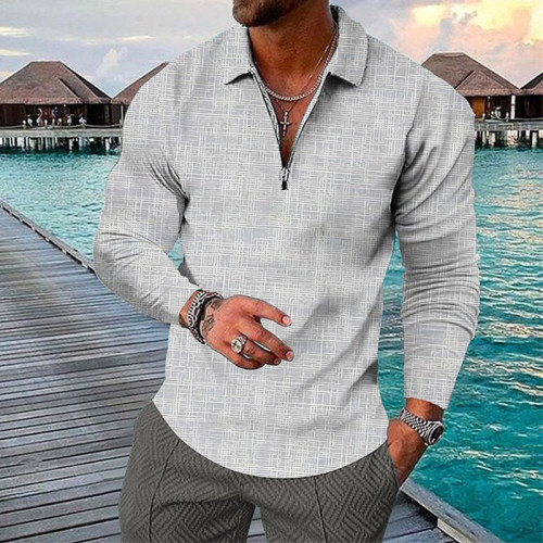Серая мужская клетчатая рубашка с 3D-принтом и длинным рукавом на молнии с длинным рукавом