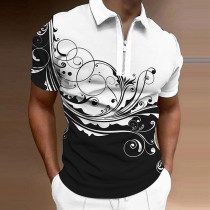 ブラックホワイトメンズフローラルグラフィックプリントターンダウンジッパー半袖ポロシャツ