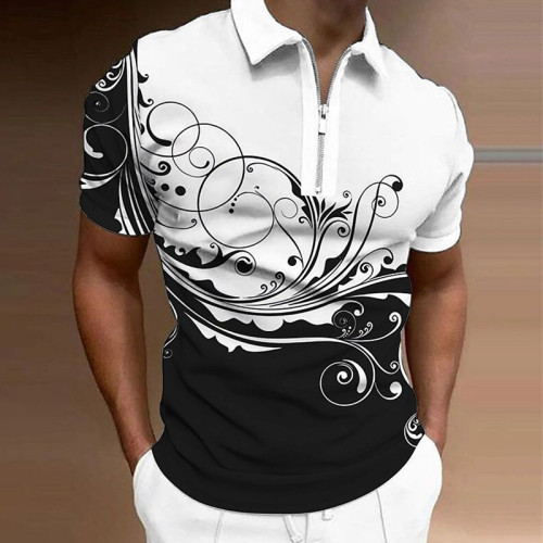 Schwarz-weißes Herren-Poloshirt mit Blumen-Grafikdruck, Turndown-Reißverschluss und kurzen Ärmeln
