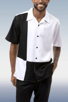 Schwarz-weißer, schwarz-weißer Colorblock-Walking-Anzug, zweiteiliger Kurzarmanzug