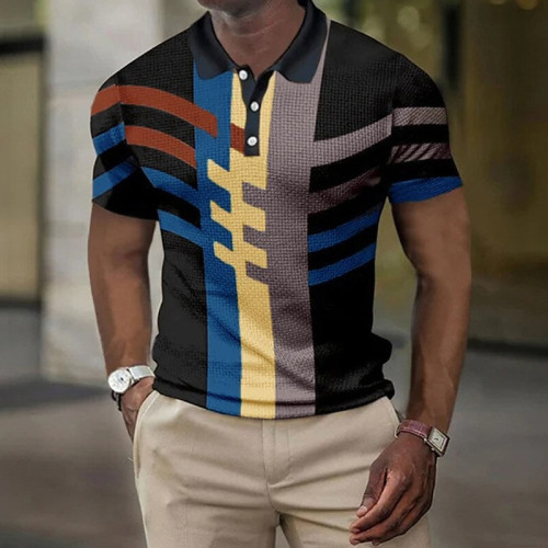 Camisa masculina azul escuro mangas curtas listrada estampada em 3D com botões