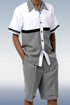 White Grey Two Piece Short Sleeve Print Walking Suit Set With Shorts