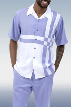 Traje de caminar de manga corta de 2 piezas para hombre, color blanco y morado, con patrón de rayas en contraste en lavanda