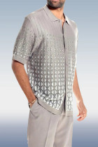 White Grey Grey Criss-Cross Pattern Walking Suit Short Sleeve Set