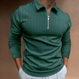 Green Men's Waffle Solid Color Collar Patchwork Long Sleeve Zipper Shirt