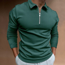 Chemise à fermeture éclair à manches longues en patchwork de col de couleur unie gaufrée pour hommes vert
