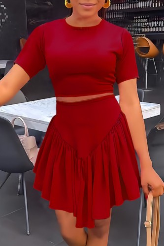 Red Casual Solid Basic O Neck Short Sleeve Two Pieces