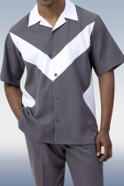 White Grey Men's 2 Piece Short Sleeve Walking Suit Chevron Color Block in Grey