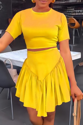 Yellow Casual Solid Basic O Neck Short Sleeve Two Pieces
