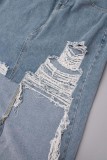 Blå Casual Solid Ripped Patchwork Asymmetrisk hög midja skinny jeanskjolar