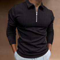 Camisa masculina preta Waffle cor sólida gola patchwork manga longa com zíper