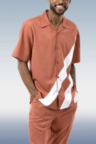 オレンジレッド斜めストライプ半袖ズボンツーピースウォーキングセット
