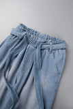 Jeans jeans reto azul profundo casual bandagem patchwork cintura alta