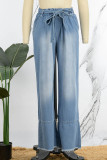 Light Blue Casual Solid Bandage Patchwork High Waist Straight Denim Jeans