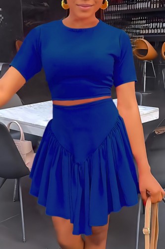 Blue Casual Solid Basic O Neck Short Sleeve Two Pieces