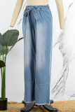 Hellblaue, lässige, feste Bandage-Patchwork-Jeans mit hoher Taille und geradem Denim