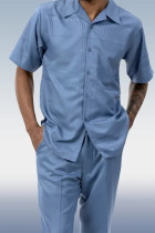 Terno de caminhada masculino listrado de manga curta azul 2 peças tom sobre tom em ardósia