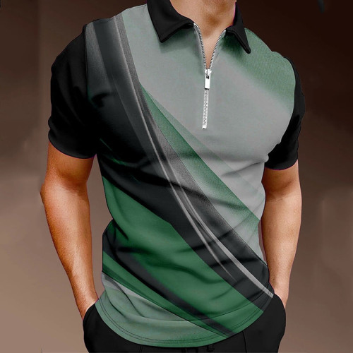 Зеленая мужская рубашка для гольфа 3D принт стример с отложным воротником Повседневная Повседневная молния Топы с короткими рукавами Повседневная мода Удобные виды спорта