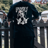 ブラック UNHOLY 修道女 額に十字架グラフィック カジュアル ブラック プリント T シャツ