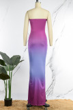 赤紫のセクシーな段階的な変化プリント パッチワーク ストラップレス ペンシル スカート ドレス