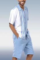 Бело-синий прогулочный костюм в полоску с цветочным принтом Carolina ИЗ 2 КОРОТКИХ БРЮКОВ
