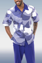 Blue Purple Purple Abstract Design Walking Suit 2 Piece Short Sleeve Set