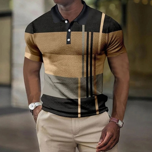 Camisa masculina preta cáqui de manga curta listrada estampada em 3D com botões