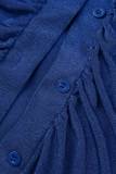 Blue Casual Solid Patchwork Fold Turndown Collar Short Sleeve Dress