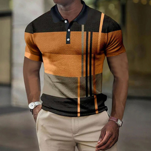 Camisa abotonada con estampado gráfico 3D a rayas de manga corta para hombre en negro y naranja