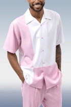 ホワイト ピンク ピンクと白のカラーブロック ウォーキング スーツ 2 ピース半袖スーツ