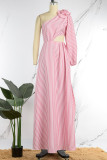 ピンク カジュアル ストライプ プリント くり抜き バックレス スリット 斜め襟 ロング ドレス ドレス
