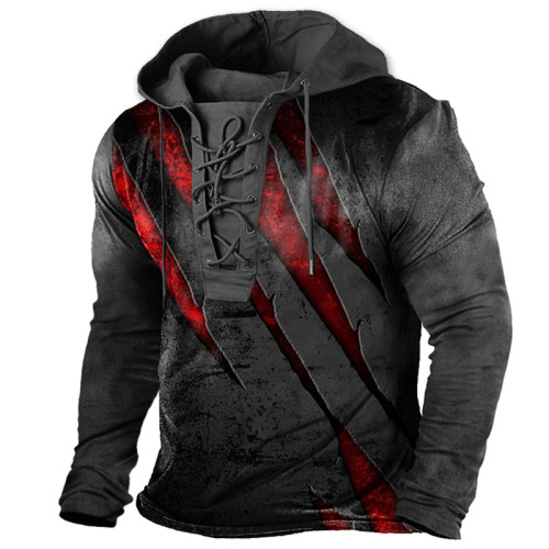 Black Men's Vintage Outdoor Tactical Lace-Up Hooded T-Shirt