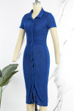 Blue Casual Solid Patchwork Fold Turndown Collar Short Sleeve Dress