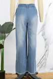 Deep Blue Casual Solid Bandage Patchwork High Waist Straight Denim Jeans