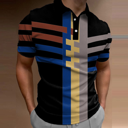 Black Men's Golf Shirt Geometry Turndown Outdoor Street Polo Shirt