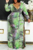 Groene casual print met split, V-hals, lange mouwen, grote maten jurken