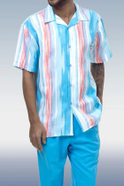 Sky Blue Vertical Stripes Walking Suit 2 Piece Solid Color Short Sleeve Set