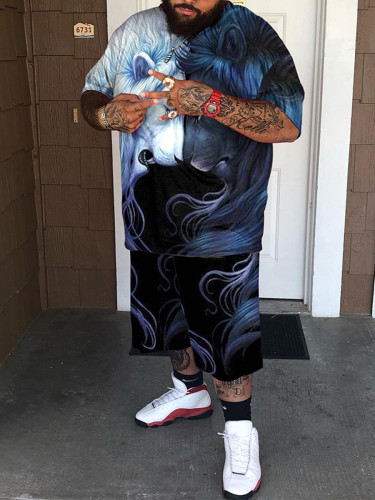 Traje de hombre casual de manga corta con estampado 3D azul negro