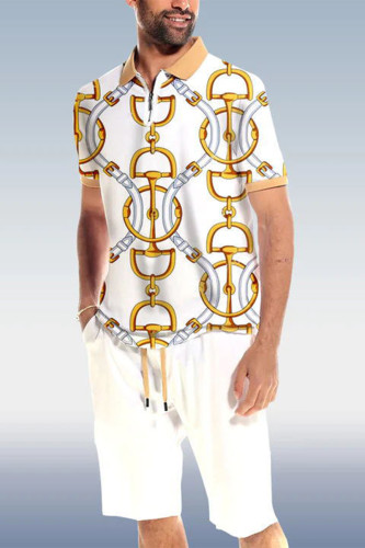 White Men's Chain POLO Shirt 2 Piece Shorts Set