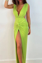 Зеленые сексуальные уличные элегантные однотонные платья с высокой юбкой и V-образным вырезом