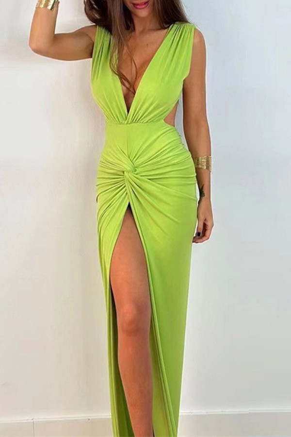 Verde Sexy Street Elegante Sólido Abertura Alta Dobrada Vestidos Saia Um Decote em V