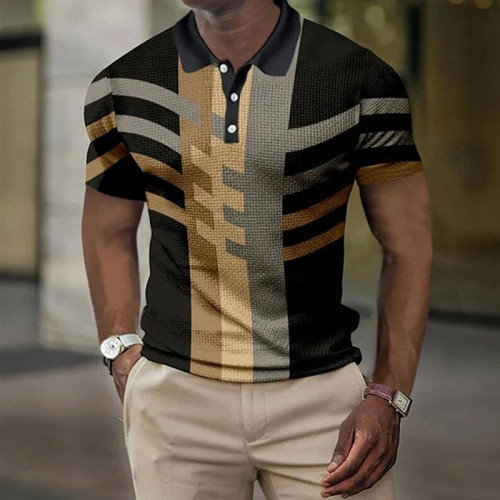 Schwarzes, khakifarbenes Button-Down-Hemd für Herren mit kurzen Ärmeln und grafischem 3D-Druck