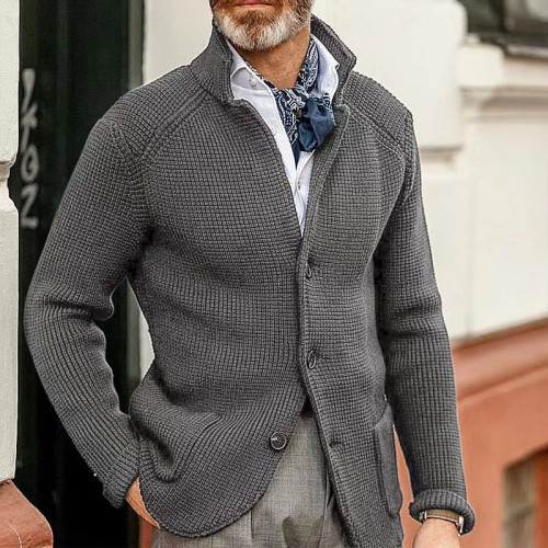 Grey Men's Casual Stand Collar Thick Knit Suit Jacket