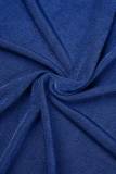 Blue Casual Solid Patchwork Fold Turndown Collar Short Sleeve Dress