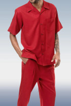 Röd Cranberry Walking Suit 2-delad enfärgad kortärmad set