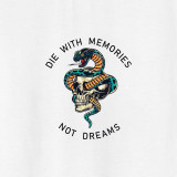 White DIE WITH MEMORIES Snake Letter Graphic White Print T-shirt